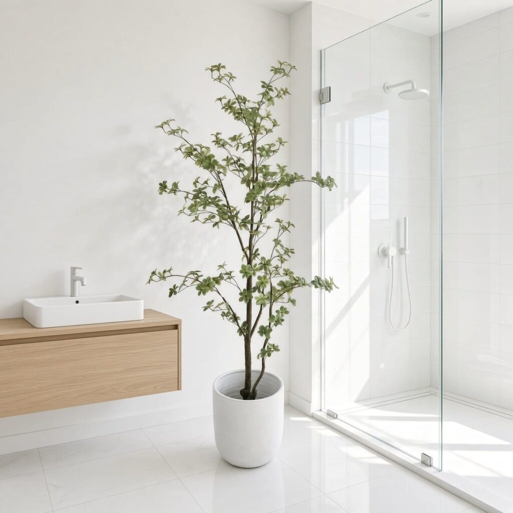 Kunstboompje in een witte pot in een lichte badkamer naast een inloopdouche