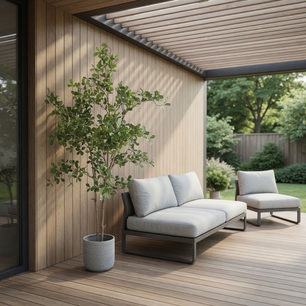 Kunstboompje in een grijze pot op een overdekt houten terras met loungebank