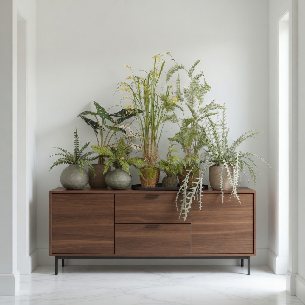 Houten dressoir met een groep kunstplanten in natuurlijke potten