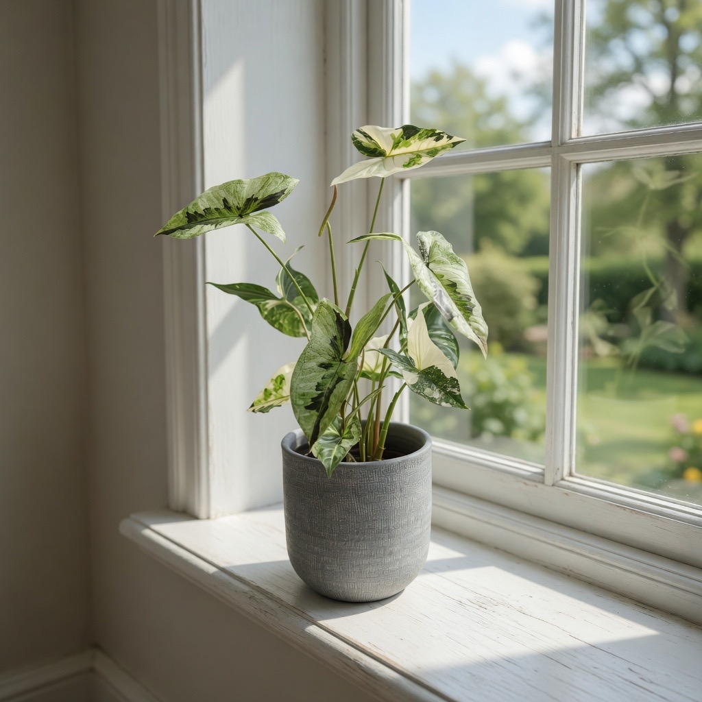 Bonte kunstplant in een grijze pot op een lichte vensterbank met uitzicht op de tuin